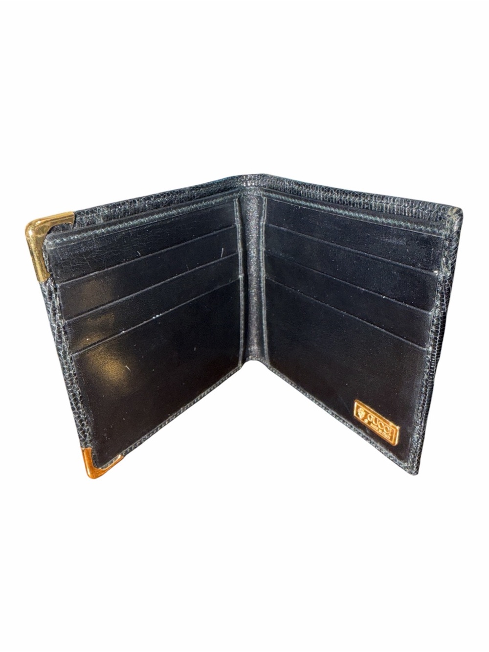 Vintage Gucci Black Lizard Skin Bifold Wallet Gold Corners 034-116-0455 - Picture 4 of 6